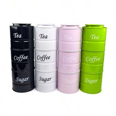 3pcs Coffee Storage Canister Set, Food Storage Tin Cans, New Coffee Accessories Round Stackable Coffee, Sugar, Tea Canisters, Metal Storage Jars, Kitchen Storage Containers, Waterproof Round Coffee Tea Tin Boxes With Engraved Labels, Suitable For Coffee, Tea, Sugar, Kitchen Organization, Dining Room, Living Room, Tea Room, Gift For Friends And Family