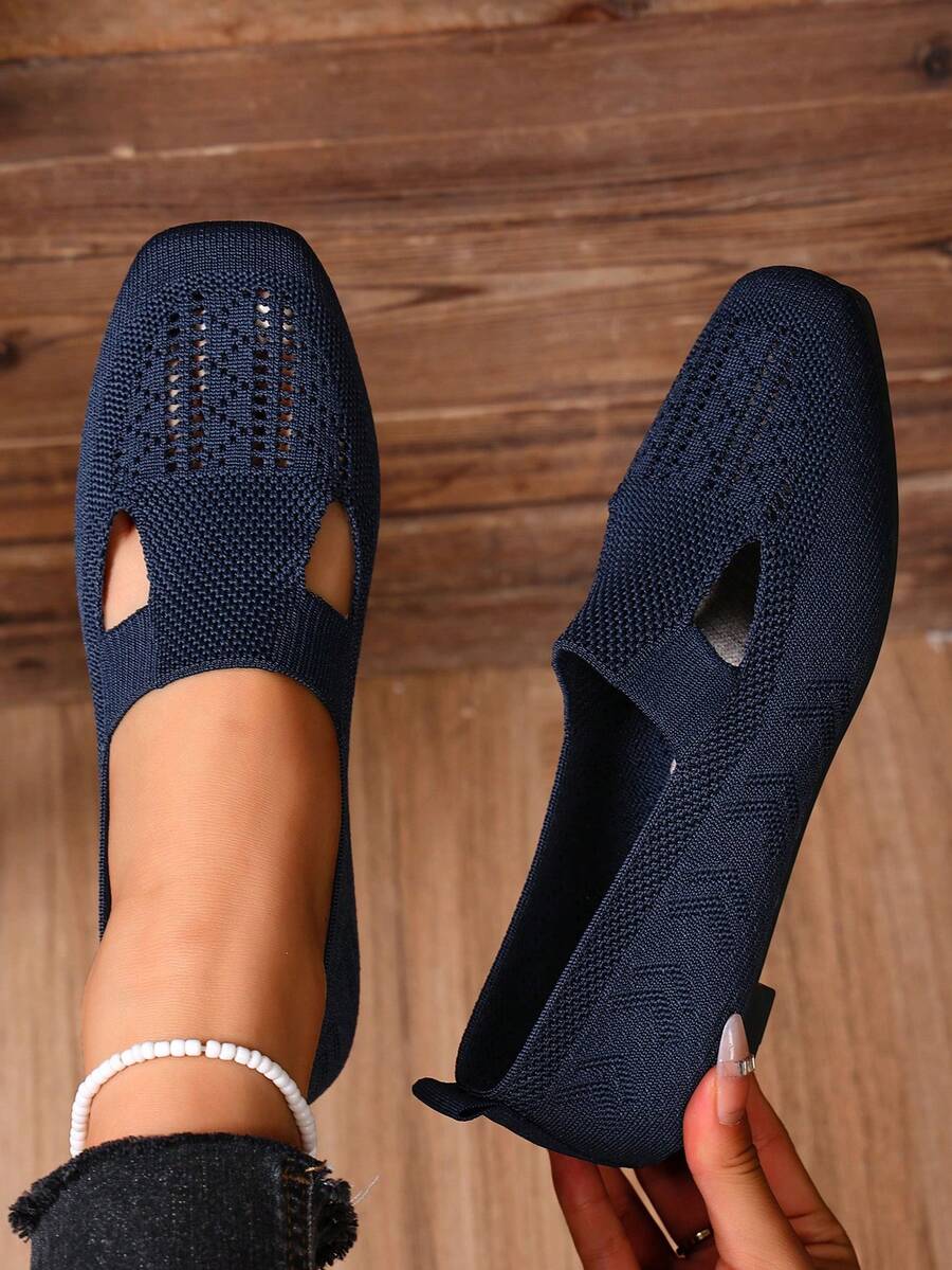 Zapatos casuales de punta cuadrada plana de punto, mocasines transpirables y antideslizantes, cómodos para madres, primavera y otoño