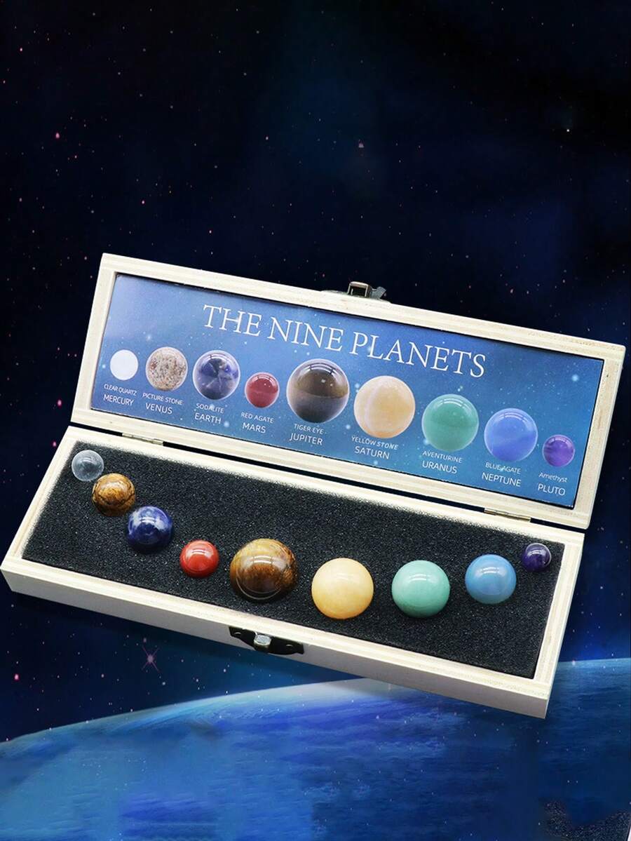 1 صندوق من 9 أحجار كريمة طبيعية - زينة كواكب المجموعة الشمسية - هدية ديكور المنزل، مجموعة أحجار طاقة نموذجية قابلة للجمع