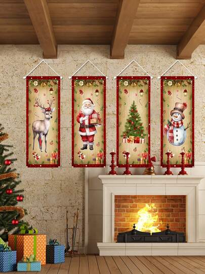 Vintage Christmas Flag Hanging, Snowman, Santa Claus Christmas Tree Reindeer, Hanging Flags, Christmas Outdoor Decorations, Christmas Hanging Decorations, Home Merry Christmas Decorations, Christmas Gifts - Christmas Party Decoration Supplies