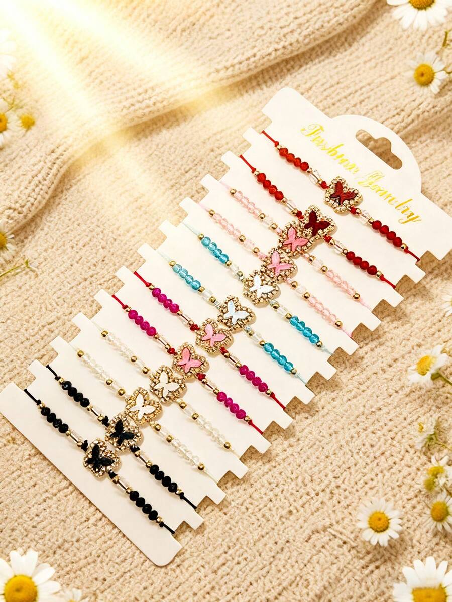 6/12pcs Pack Light Color Butterfly Sparkling Handmade Woven Crystal Bracelets, Charm Bracelets For Girlfriend, Family Sharing, Women Stacking Bracelets, Bracelet Pendants, Bracelet Sets, Y2K Bracelets, Adjustable Bracelets, Beaded Bracelets, Women Friendship Bracelets, Women Gold Accessories CCB Matching Bracelets, Couple Bracelets - Multicolor 1 - View 1