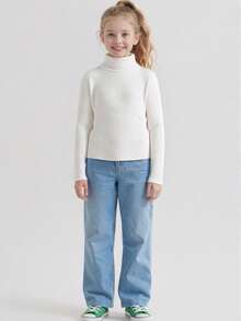 適用於青少年女孩的休閒高領長袖毛衣,秋冬季節 - 白色 - 查看 5