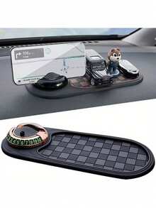360° 可旋转汽车防滑垫，带手机支架和停车号码 - 防滑仪表盘收纳盒，用于钥匙、手机和导航，黑色设计，适用于汽车内饰，汽车手机支架，导航辅助，俏皮设计，坚固结构