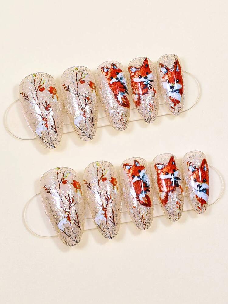 24片秋冬可爱狐狸图案美甲贴纸，可移除，适合女性，可重复使用，适用于婚礼和户外聚会等场合。 - 彩色 - 查看 2