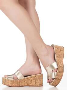 Women's Platform Wedge Flatform Sandal With H-Straps, Cork Sole, Medium Heel, Casual GiGiL - 金色 - 查看 1