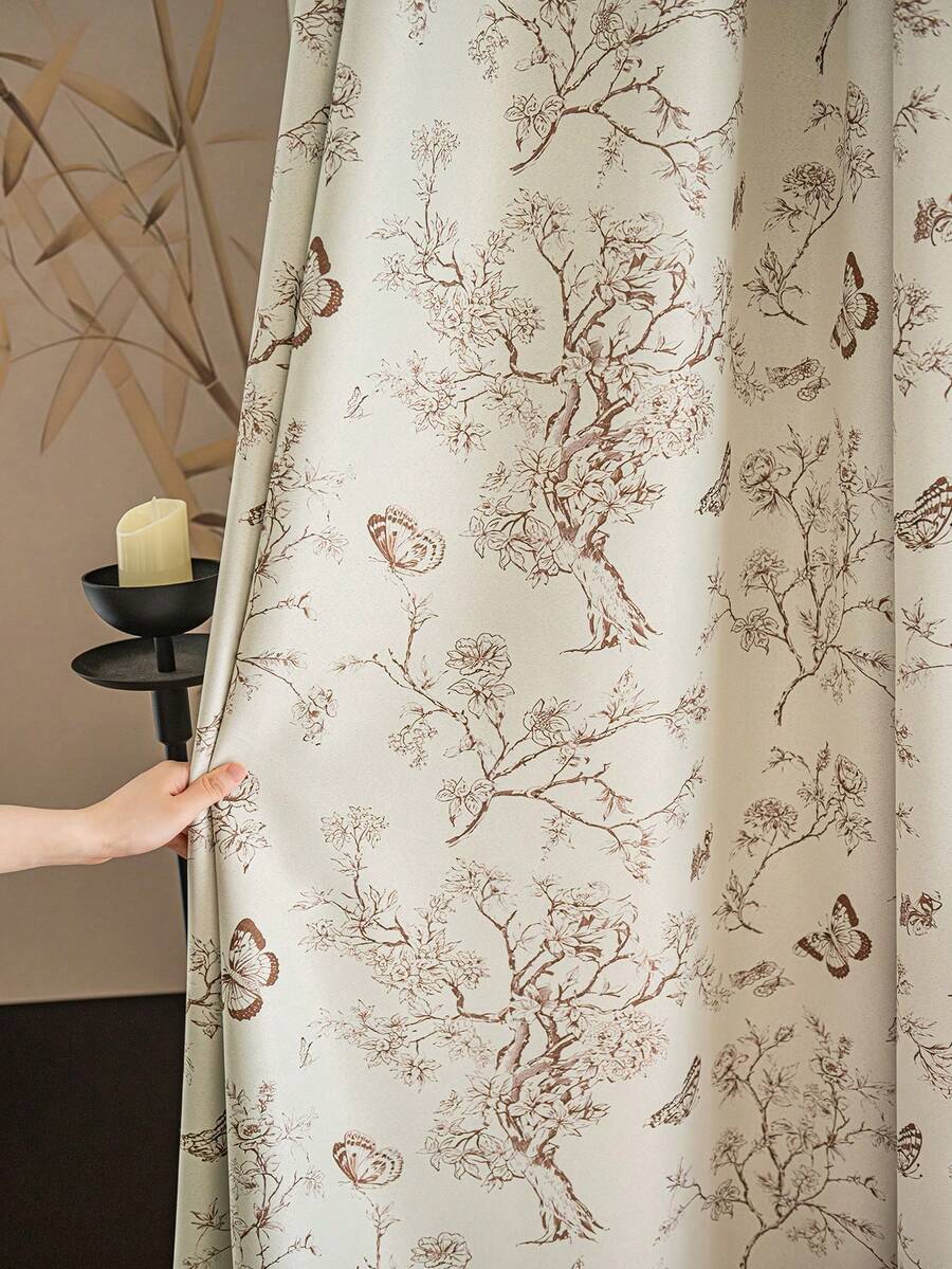 1pc New Luxury 100% Blackout Reed Bird Pattern Curtain, Suitable For Villa, Balcony, Living Room, Bedroom, 315gsm - Multicolor - View 1