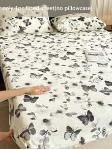 1 pieza Sábana ajustable con estampado de mariposa y hojas, sábana ajustable de terciopelo de leche suave y cálida, antiestática, resistente a las pelusas, con banda elástica en todo el perímetro, sábana ajustable extraíble, protector de colchón, sábana ajustable de estilo nórdico de color crema lujoso, adecuada para otoño/invierno, se ajusta a cama individual/doble/queen, incluye 1 sábana ajustable solamente, sin funda de almohada