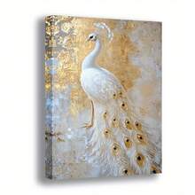 1pc, Elegant White Peacock Canvas Wall Art, Majestic Bird Print Painting, Luxurious Gold Textured Background, Stretched Art For Living Room, Bedroom, Office, Modern Home Decor, High Quality Gic Print Picture, Ready To Hang Wall Decor, Animal Inspired Artwork - 彩色 - 查看 1