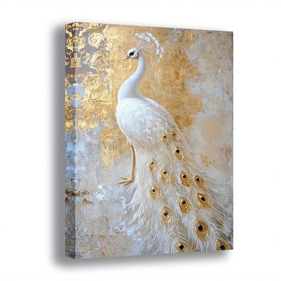 1pc, Elegant White Peacock Canvas Wall Art, Majestic Bird Print Painting, Luxurious Gold Textured Background, Stretched Art For Living Room, Bedroom, Office, Modern Home Decor, High Quality Gic Print Picture, Ready To Hang Wall Decor, Animal Inspired Artwork - 彩色 - 查看 1