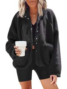 Womens Fuzzy Fleece Jacket Button Down Sherpa Coats Casual Winter Warm Outwear With Pockets Valentine's Day New Year - màu đen - Xem 1