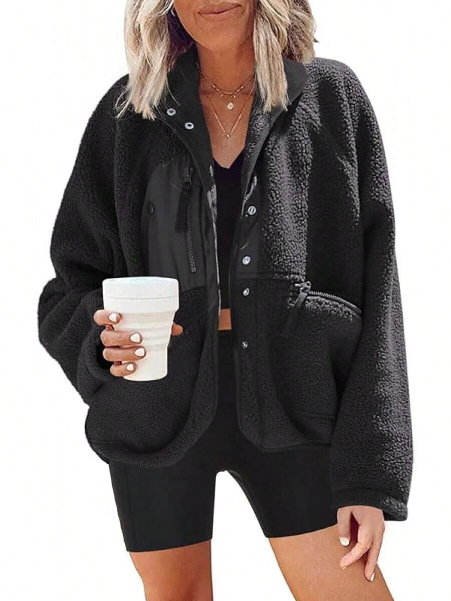 Womens Fuzzy Fleece Jacket Button Down Sherpa Coats Casual Winter Warm Outwear With Pockets Valentine's Day New Year - màu đen - Xem 1