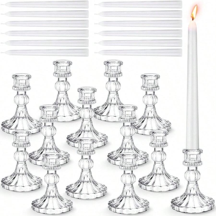 24 Pcs Glass Taper Candle Holder Sets 12 Candlestick Holder With 12 White Long Candles For Wedding Party Decor Dinner Decoration Clear - 無色 - 查看 1