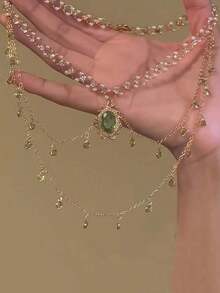 1pc Green Water Drop Faux Pearl Double Layer Necklace For Women, Luxurious Elegant Bone Chain - 綠色 - 查看 2
