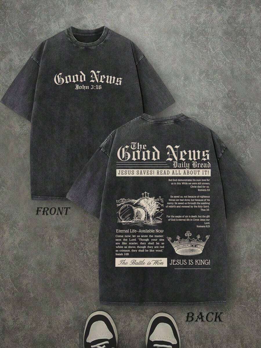 Retro Washed T-Shirt Double Sided Printed (230 Pure Cotton T-Shirt) 'The Good News,  JESUS IS KING!' Letter And Crown Pattern Print, Men's T-Shirt, Men's Casual, Comfortable, Fashionable T-Shirt, Street Style Cotton - 黑色 - 查看 1