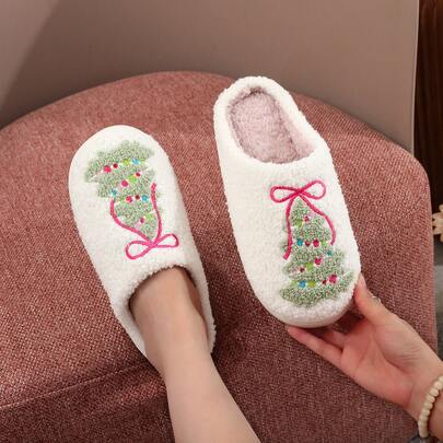 1 Pair White Bow Christmas Tree Embroidered Plush Slippers, Unisex Indoor Slip-On Warm Soft Sole Thick Fleece Shoes, Comfortable And Non-Slip, Perfect Christmas Gift For Family And Friends