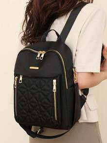 Quilted Diamond Multipurpose Backpack - A Versatile Choice For Urban Commute And Campus Life. This Black Backpack Features A Quilted Diamond Texture, Creating A 3D Effect, And Is Complemented By Gold Zippers And A Metal Nameplate, Showcasing Refined Details. The Top Dual-Zipper Pocket Allows For Easy Access To Keys. - Black - View 2