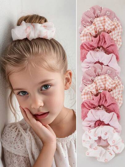5pcs Girls Silk-Touch Floral, Plaid, Solid Design Hair Scrunchies, Elastic Hair Ties, Comfortable For Daily Wear