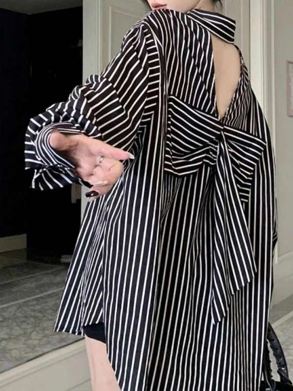 Camisa de moda de manga larga holgada con estampado de rayas, escote con lazo y diseño calado para mujer