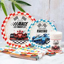 Platos, servilletas y vasos desechables con diseño de coche de carreras de fórmula, suministros para fiesta con servilletas y vasos con diseño de coche de carreras de fórmula, adecuado para 8 invitados, platos de papel desechables y vajilla para fiesta, adecuado para fiestas de cumpleaños, picnics familiares - Multicolor - Ver 1