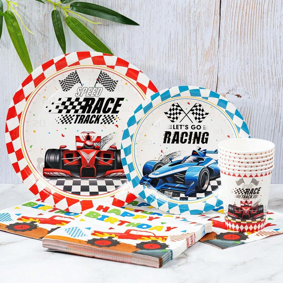 Platos, servilletas y vasos desechables con diseño de coche de carreras de fórmula, suministros para fiesta con servilletas y vasos con diseño de coche de carreras de fórmula, adecuado para 8 invitados, platos de papel desechables y vajilla para fiesta, adecuado para fiestas de cumpleaños, picnics familiares - Multicolor - Ver 1