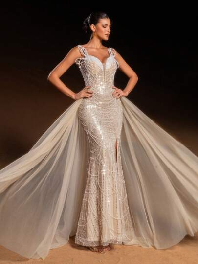 Faeriesty Luksusowa suknia wieczorowa typu syrena w stylu haute glamour z odkrytymi ramionami i koralikami, z cekinami i przezroczystymi, falbaniastymi rękawami | Koronkowe zdobienie z tyłu | Elegancki, formalny fason | Idealna na imprezy z czerwonym dywanem, wesela, gale i bale maturalne