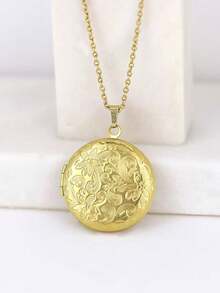 1pc Stainless Steel Hollow Vintage French 18K Plated Oval Embossed Floral Geometric Pendant Necklace, Can Open To Hold Photos, Minimalist Elegant Jewelry Gift For Men & Women, Valentine's Day