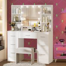 100cm Modern White Vanity Set With LED Mirror & Stool, 7-Drawer Storage + Tiered Shelves - Large Dressing Table With LED Adjustable Brightness - Girls Bedroom Furniture With Stool Included, Space-Saving Design, Easy Assembly Required - Ideal For Teen Girls & Women - Modern Makeup Dressing Table Set, Vanity Makeup