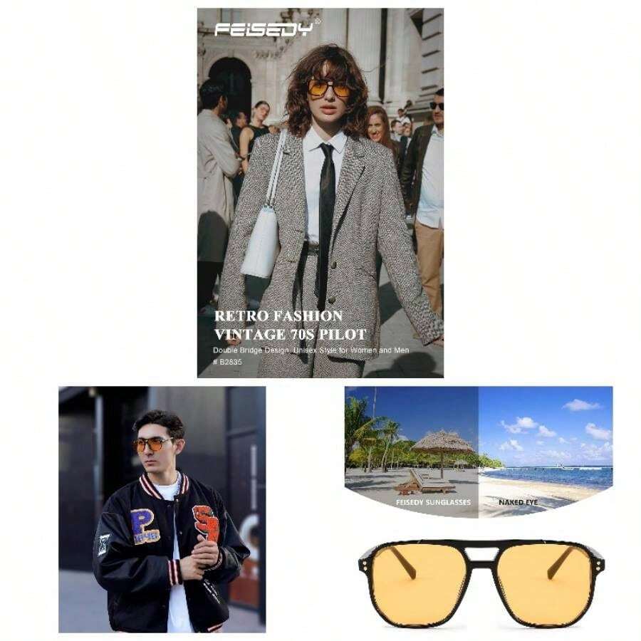 FEISEDY Retro aviador cuadrado gafas de sol para mujeres hombres 70s vintage de moda marco de plstico lentes de sol B2835 - 007 Montura negra/Lente amarilla + 57 Milímetros - Ver 1