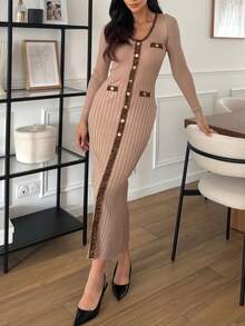 Elegant Casual Knit Dress, Leopard Print Patchwork Color Block Dress, Vintage Style, Fashionable Minimalist Commuter Outfit, Suitable For Parties, Gatherings, Evenings, And Daily Wear, New Year, Thanksgiving Attire - Khaki - View 1