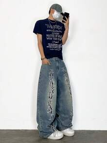 1 pezzo Jeans uomo a gamba larga stile retrò con ricamo di un marchio americano, pantaloni casual con vestibilità ampia e lunga (cintura e accessori non inclusi)