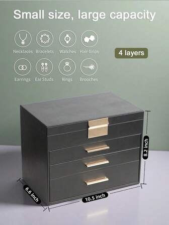 BOOVO 1pc Women's Jewelry Box - 4-Layer Jewelry Organizer - Beaded Jewelry Box With Makeup Mirror And Necklace Hook - For Storing Various Types Of Jewelry - Durable Synthetic Leather - Suitable As A Gift Box For Holidays, Anniversaries, And Birthdays