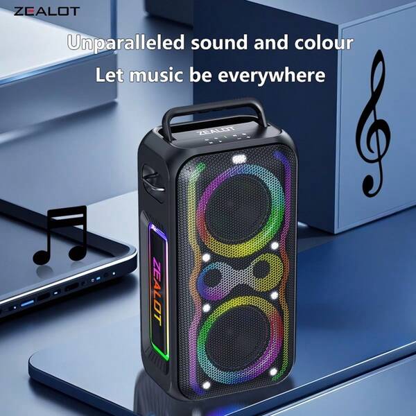 ZEALOT Zealot-PT21 IP45 Altoparlante senza fili portatile impermeabile da 200W con doppio subwoofer da 80W e illuminazione RGB a 360° | Batteria mega da 48000mAh con 30 giorni di standby | Tecnologia senza fili 5.3 con portata di 10m | Catena multi-altoparlante TWS per feste | Audio HiFi da 20Hz a 20KHz con SNR ≥95dB e THD <1% | Design ultra portatile per concerti in stadio, festival in spiaggia, set DJ, tailgating e avventure all'aperto!