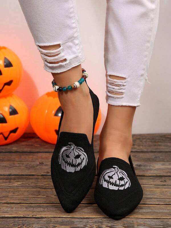 Women's Fashion Pointed Toe Pumpkin Embroidery Slip-On Comfortable Versatile Low Vamp Ballet Flats, Suitable For Halloween, Spring/Autumn