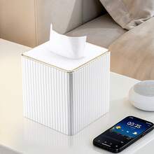Gold-Edged Square Vertical Striped Tissue Box - Fashionable Cubic Tissue Box Holder, Magnetic Bottom, Decorative PU Tissue Box Suitable For Vanity, Nightstand, Desk, Kitchen Counter, Home Office, Car (Milk Tea Color) - Multicolor - View 7