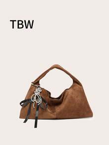 Ladies' Handbag Crescent Bag Brown Suede With Bead Bow Tie Matte Finish Lazy Retro Versatile Commuting Style Shoulder Underarm For Outings, Autumn And Winter.