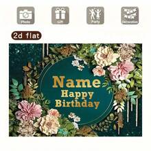 1 szt. personalizowany baner na przyjęcie urodzinowe z imieniem, zielony wzór kwiatowy ze złotymi dekoracjami, odpowiedni na przyjęcia wewnątrz i na zewnątrz, do dekoracji kamerą i domu