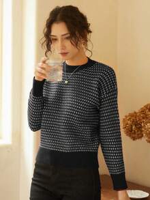 Knit Mix 優雅女款秋冬法式時尚日常居家休閒通勤針織圖案圓領長袖套頭毛衣上衣 - 黑色 - 查看 6