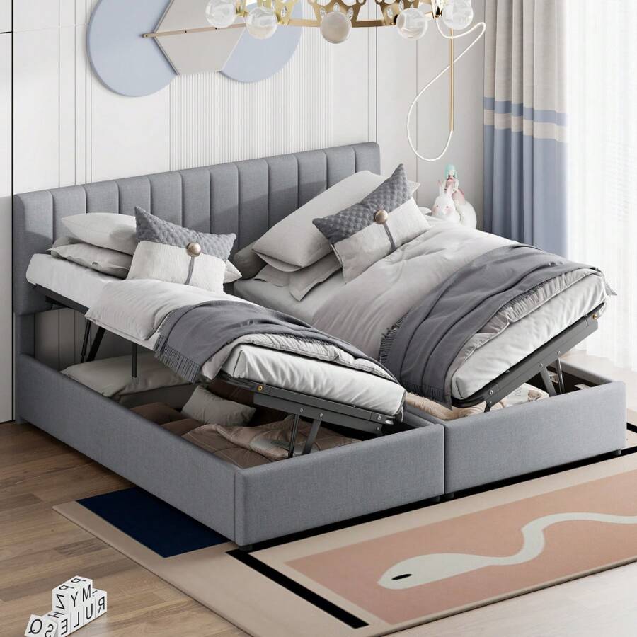 Upholstered Bed 180x200 Cm, Hydraulic Storage Bed, Skin-Friendly Linen Loft Bed, Multifunctional Double Bed, Grey - Gray + Upholstered - View 1