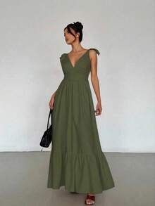 Maxi Vestido de Tirantes Ajustable con Escote en V o Pico Profundo, con Volante en el Bajo Casual para Mujer - Verde militar - Ver 2
