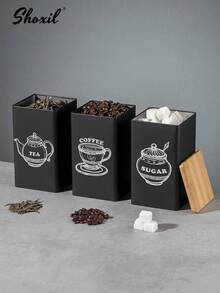 shoxil 3 件套复古风格食品密封罐，配有木质盖子和密封条，防漏可重复使用，包含黑色量勺、咖啡豆勺、茶匙和糖勺，适用于存放饼干、糖果和糖等，厨房收纳好帮手，厨房配件 - 彩色 - 查看 15