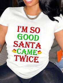 Oversized Women's Christmas T-Shirt I'M SO GOOD SANTA CAME TWICE With Festive Red And Green Print, Perfect For Holiday Parties And Xmas Celebrations, Fast Arrival - trắng - Xem 1