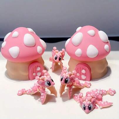 3D Printed Cute Mushroom House+Dragon Model Ornaments, Desktop Decoration Sculpture Ornaments, Holiday Gifts, Suitable For Home Decoration, Office Decoration, Car Decoration, Contemporary Art, Fantasy Design, Lightweight Decoration, Durable Decoration, Mini Decoration, Decorative Statues, Party Gifts, Holiday Gifts, Novel Desktop Ornaments, Gifts For Friends