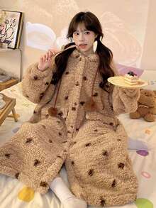 1set Women's Super Warm Teddy Fleece Hooded Bathrobe - Oversized Polka Dot Loungewear With Pom Pom Drawstring & Roomy Pockets, Ultra-Soft Plush Robe For Home Lounging, Book Reading Nooks, Cozy Movie Nights & Cold Winter Days Errands - Multicolor - View 3