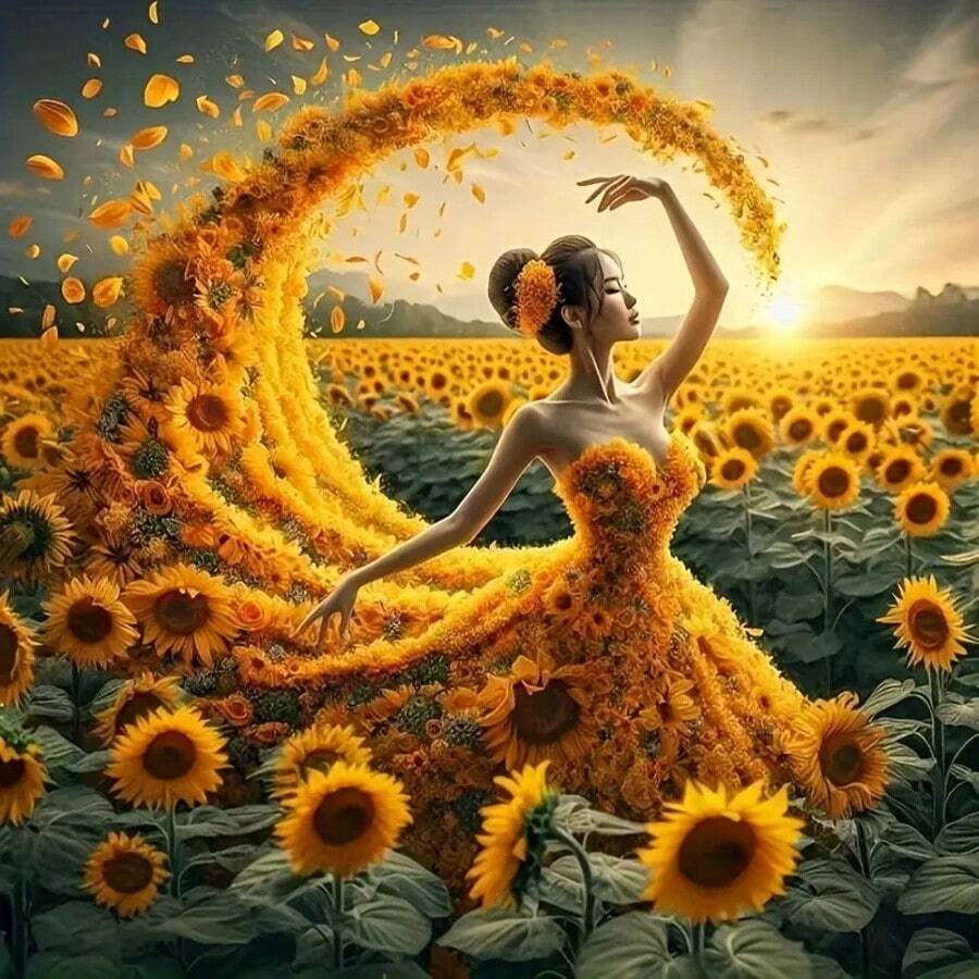 5D钻石画套装，花卉主题身着向日葵连衣裙的女士，圆形钻石刺绣艺术，DIY全钻石油画画布，钻石艺术马赛克工艺品，手工礼物，适用于客厅、卧室、办公室DIY十字绣、墙面装饰艺术，钻石图案有助于增加装饰乐趣 - 彩色 - 查看 1