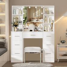100cm Modern White Vanity Set With LED Mirror & Stool, 7-Drawer Storage + Tiered Shelves - Large Dressing Table With LED Adjustable Brightness - Girls Bedroom Furniture With Stool Included, Space-Saving Design, Easy Assembly Required - Ideal For Teen Girls & Women - Modern Makeup Dressing Table Set, Vanity Makeup