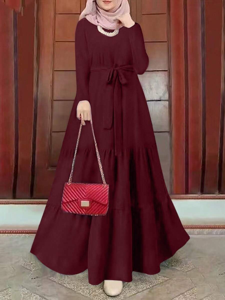 Women's Elegant Solid Color Long Sleeve Dress, Spring/Summer Eid - Burgundy - View 1