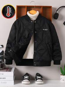 Boys' Retro Minimalist Ribbed Long Sleeve Crew Neck Jacket, Thermal Lined Casual Outerwear For Kids, Autumn/Winter - Black - View 1