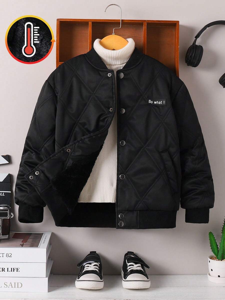 Boys' Retro Minimalist Ribbed Long Sleeve Crew Neck Jacket, Thermal Lined Casual Outerwear For Kids, Autumn/Winter - Black - View 1