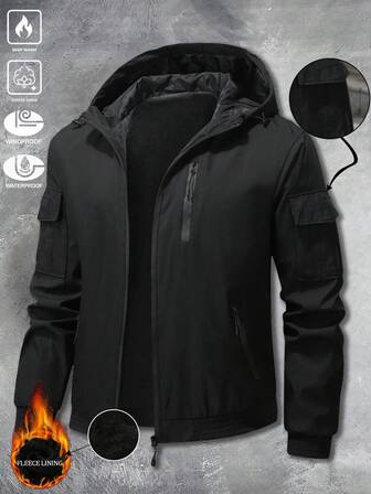 Autumn/Winter Thermal Lined Outdoor Casual Sports Multi-Pocket Hooded Jacket For Men, Zip-Up Lightweight Thermal Jacket, Suitable For Hiking, Fishing, Running, Casual Outdoor Activities, Great Gift For Boyfriend, Husband, Father,Fleece