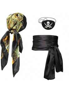 3 件套夏季新款塔夫绸缎面料节日趣味角色扮演中世纪文艺复兴海盗头带、腰带和面罩服装，适合情人节化妆舞会、魔术表演、新派对服装、万圣节、圣诞节、日常角色扮演 - 彩色 - 查看 2
